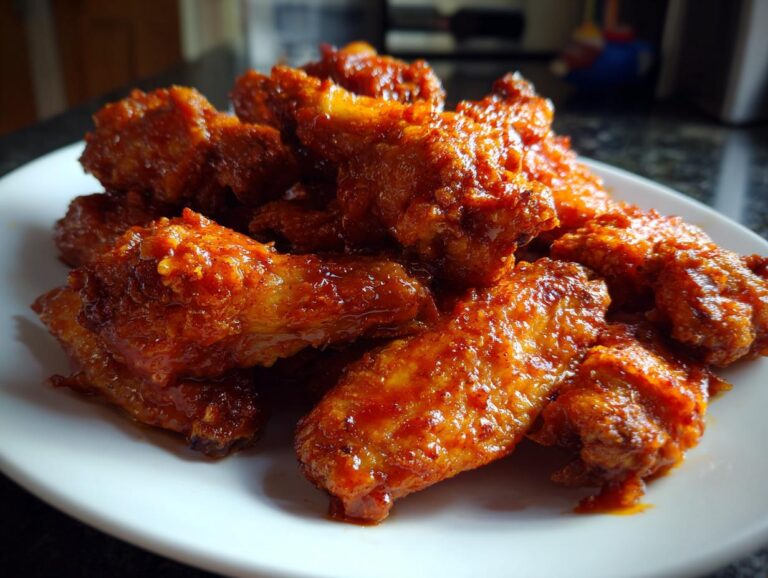 A close-up shot of a pile of glistening Buffalo chicken wings coated in a rich, red sauce, served on a white plate.
