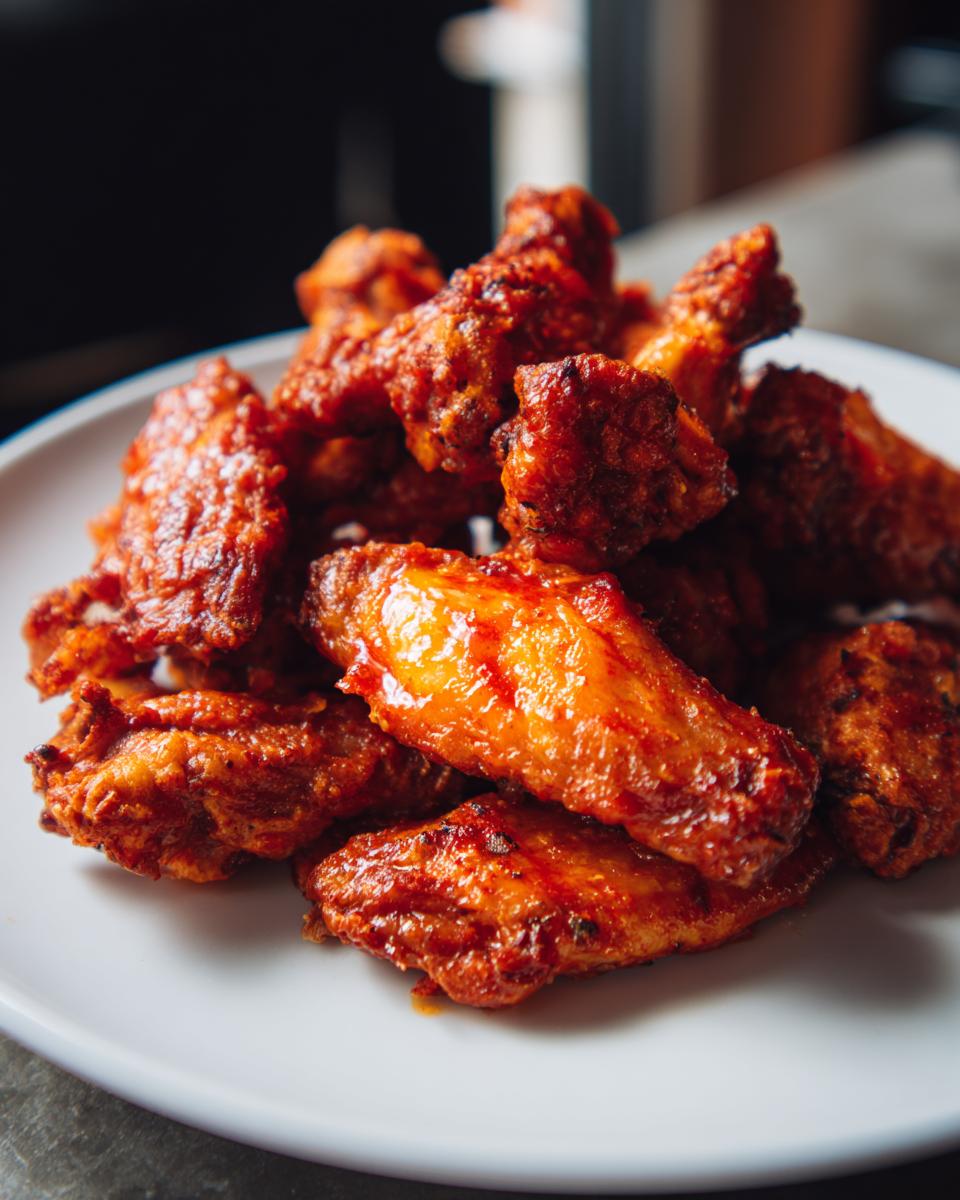 A close-up shot of a plate piled high with glistening Buffalo chicken wings, coated in a vibrant red sauce.