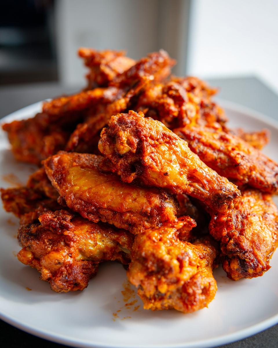 A close-up shot of a pile of crispy, saucy Buffalo chicken wings on a white plate.