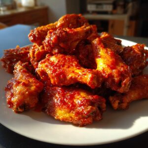 A close-up shot of a pile of glistening Buffalo chicken wings coated in a rich, red sauce.