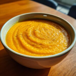 A close-up of a bowl of velvety butternut squash soup, swirled and seasoned with black pepper.