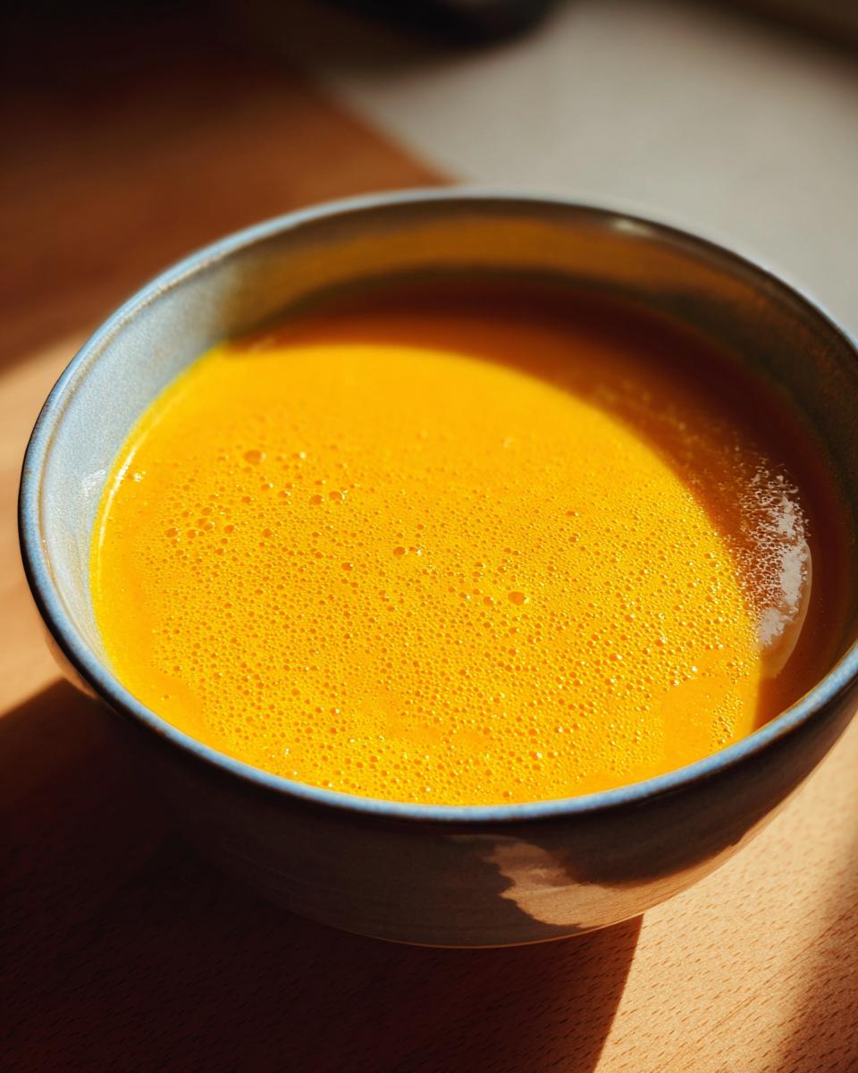 A close-up shot of a bowl filled with velvety butternut squash soup, showing its vibrant orange color and bubbly texture.