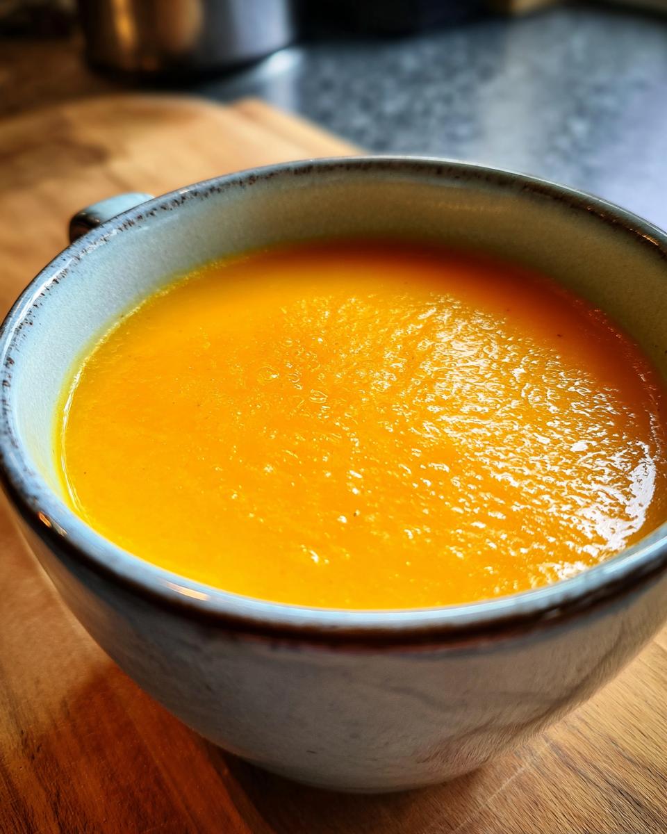 Close-up of a bowl filled with velvety butternut squash soup, showcasing its vibrant orange color.