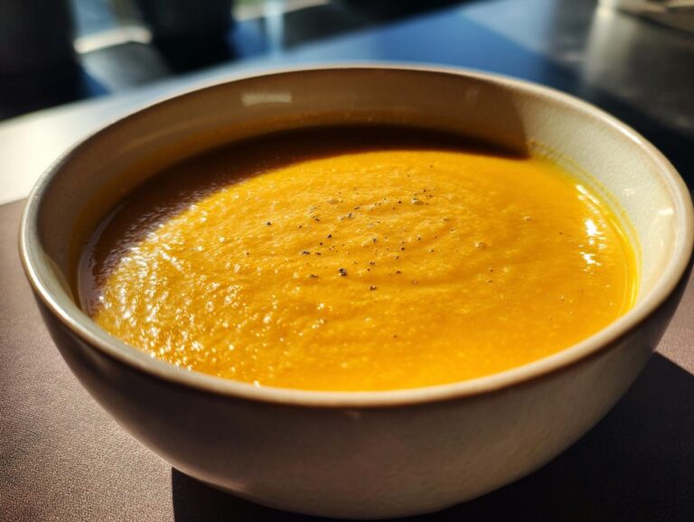 A close-up of a bowl filled with velvety butternut squash soup, lightly seasoned with black pepper.