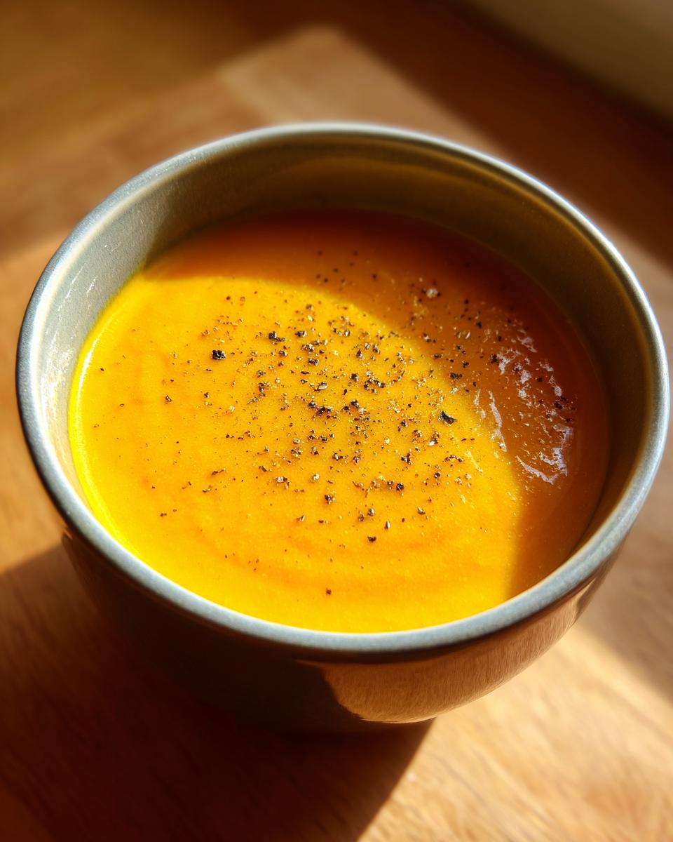 A close-up of a bowl of velvety butternut squash soup, seasoned with freshly ground black pepper.