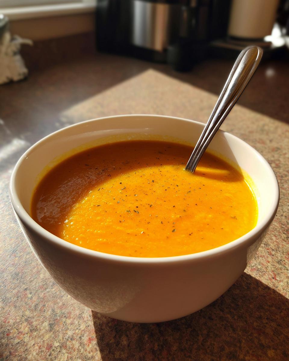 A close-up of a white bowl filled with vibrant orange butternut squash soup, topped with herbs and pepper, with a spoon resting inside.