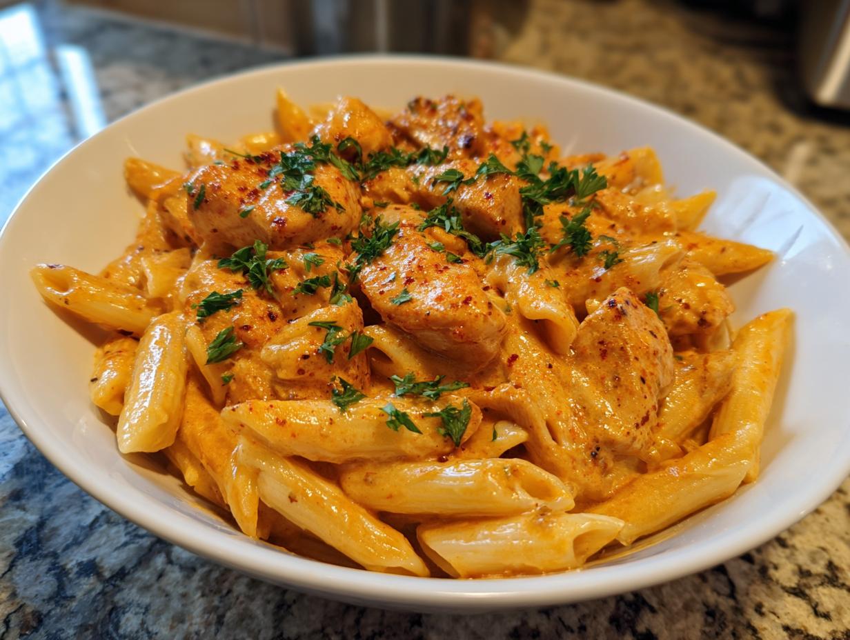 A bowl of creamy Cajun chicken pasta with penne noodles and chopped parsley.