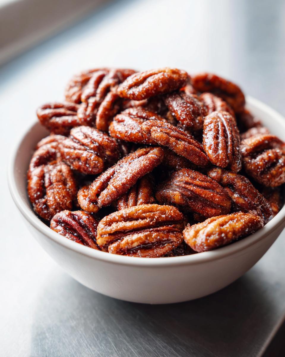 A close-up of a white bowl filled with glistening candied pecans, a perfect fall treat.
