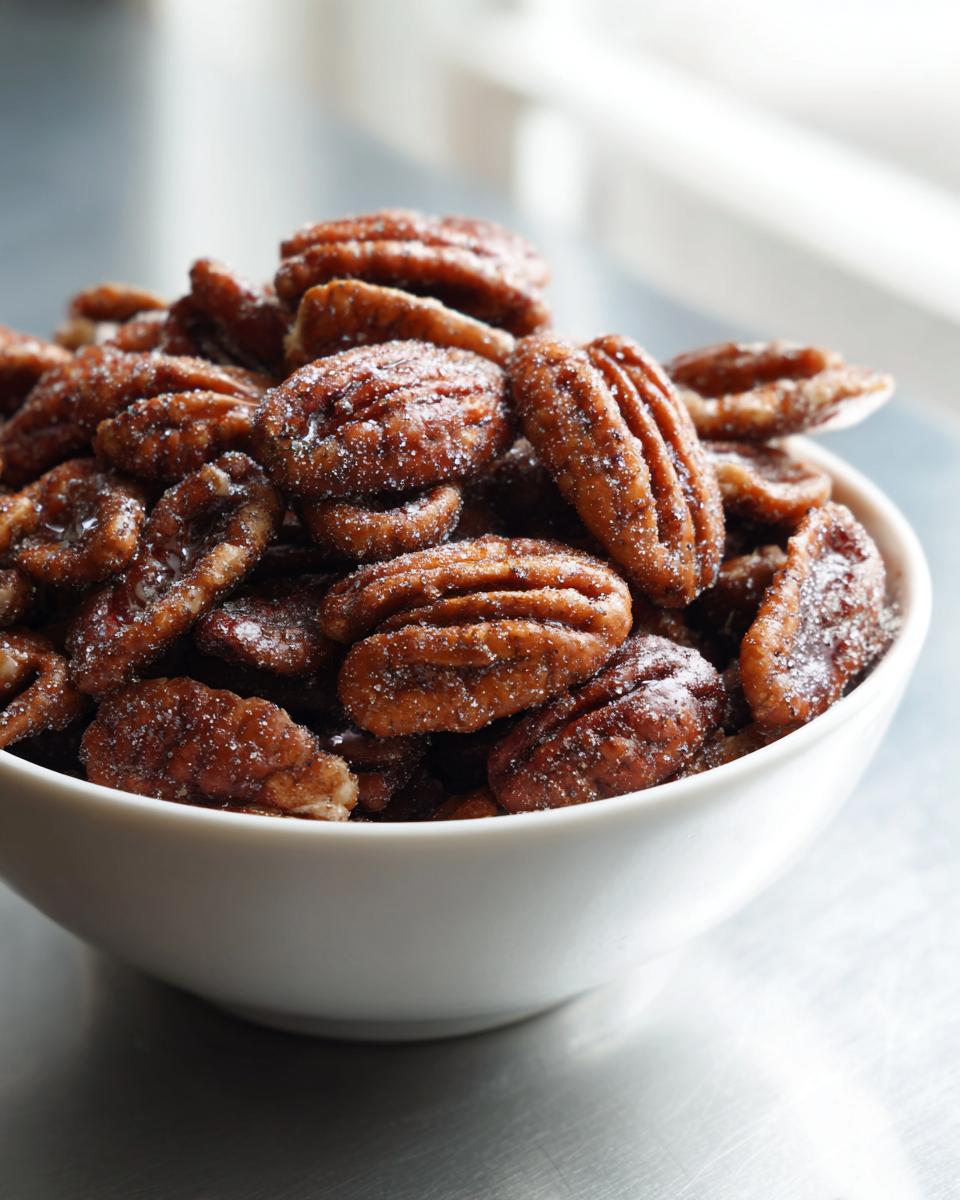 A close-up shot of a white bowl filled with glistening candied pecans, dusted with sugar.