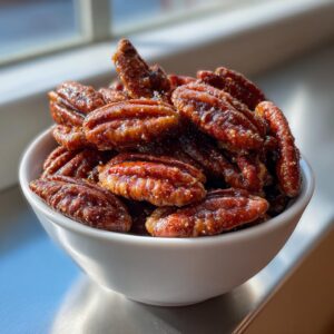 A white bowl filled with glistening candied pecans, perfect for a cozy fall treat.