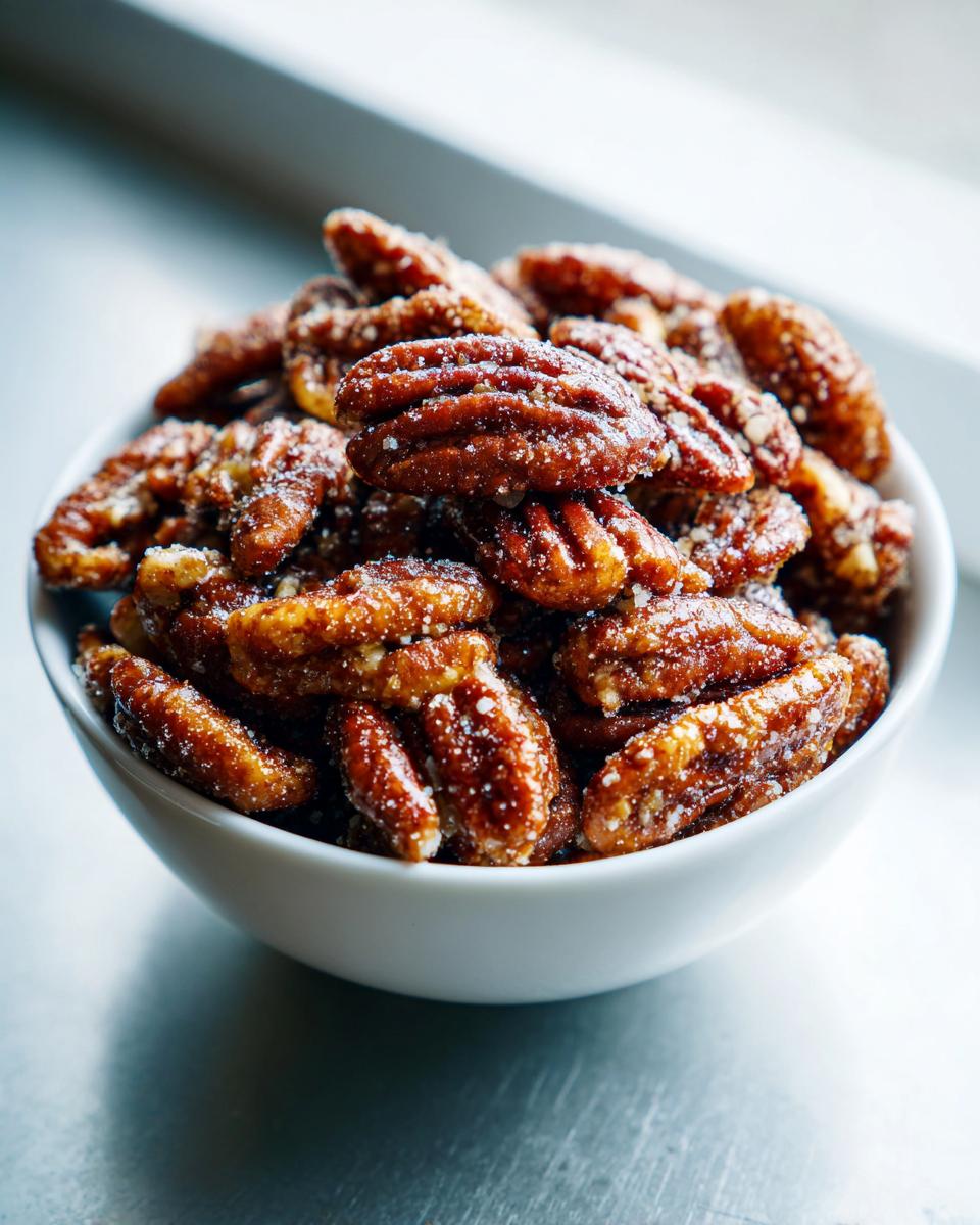 A close-up of a white bowl filled with glistening candied pecans, dusted with sugar.