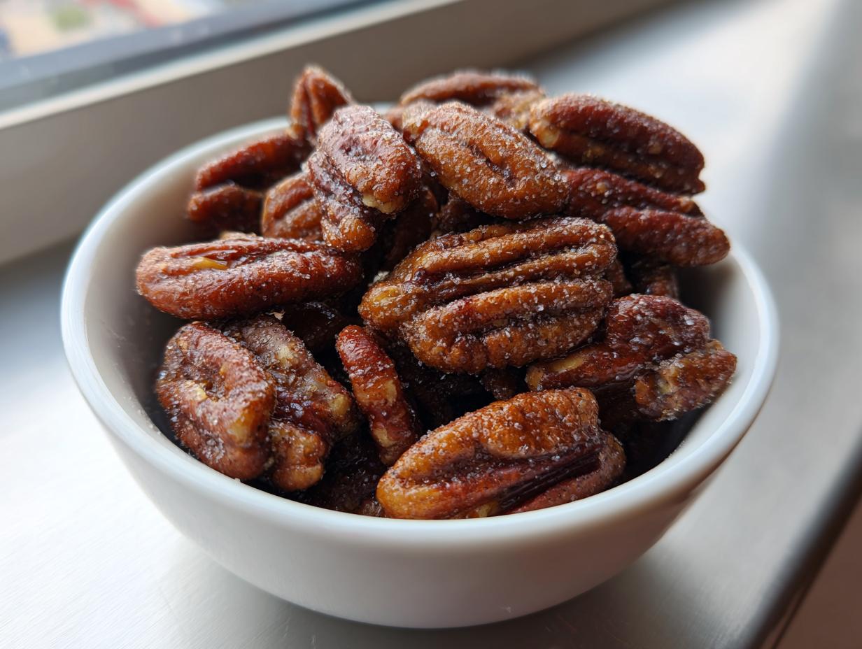 A white bowl filled with glistening candied pecans, showcasing their rich brown color and sugary coating.