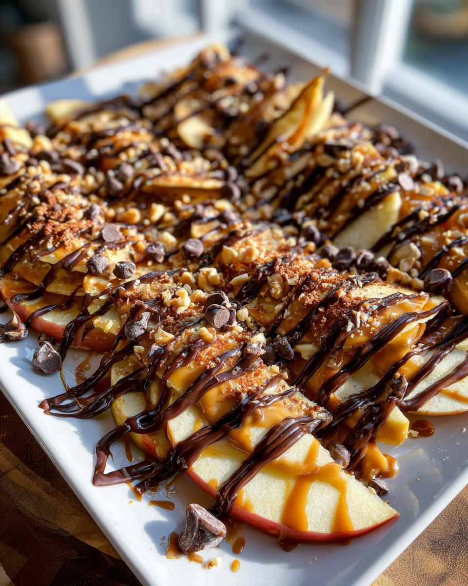 Close-up of Caramel Apple Nachos topped with chocolate drizzle, chocolate chips, and chopped nuts.
