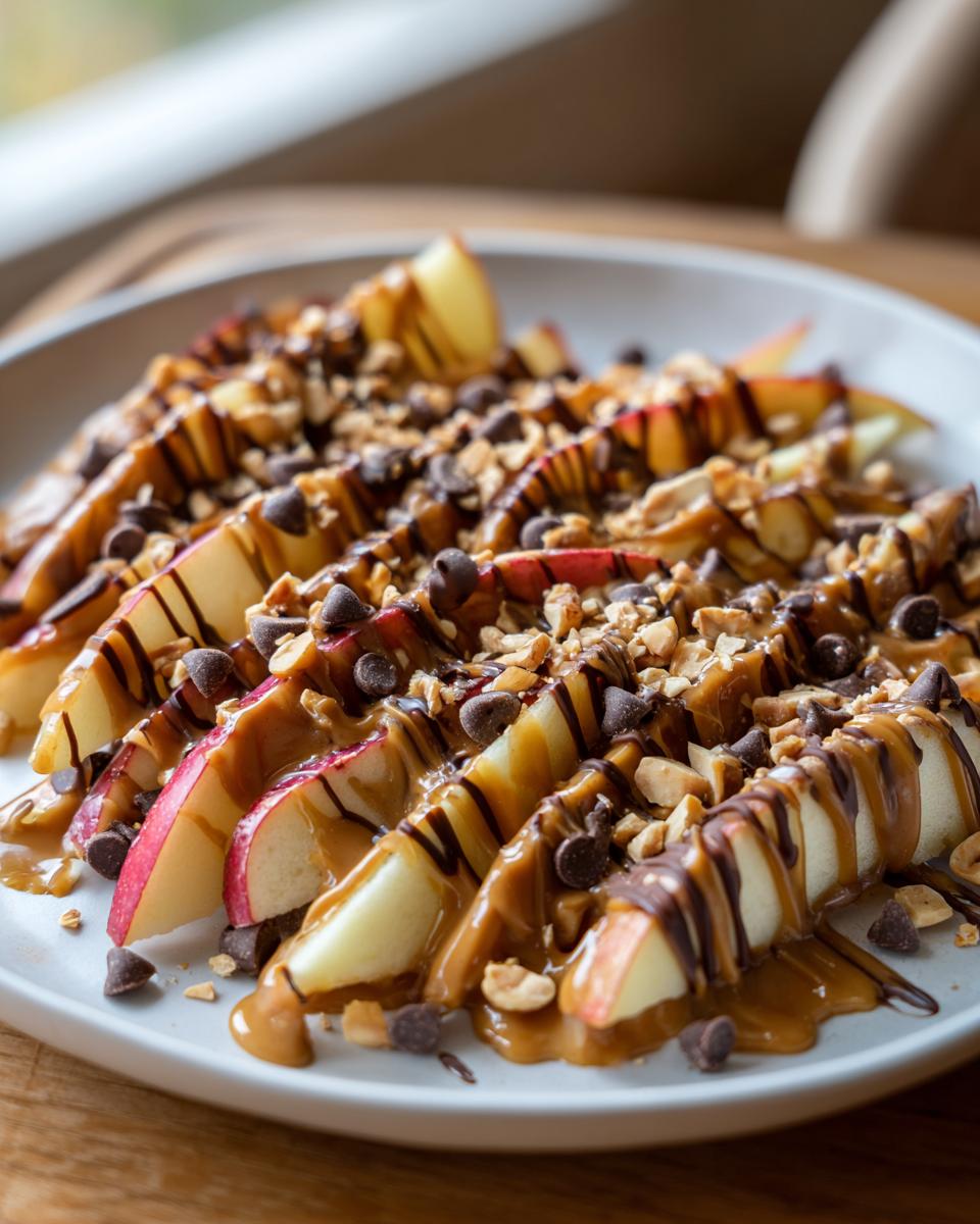 Close-up of Caramel Apple Nachos featuring sliced apples drizzled with caramel and chocolate, topped with chopped nuts and mini chocolate chips.