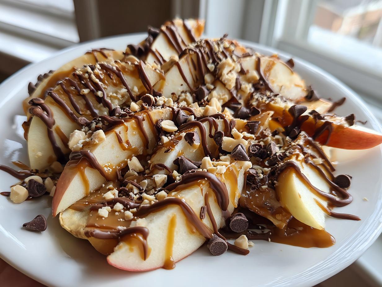 A close-up of Caramel Apple Nachos featuring sliced apples drizzled with caramel and chocolate, topped with chocolate chips and chopped nuts.