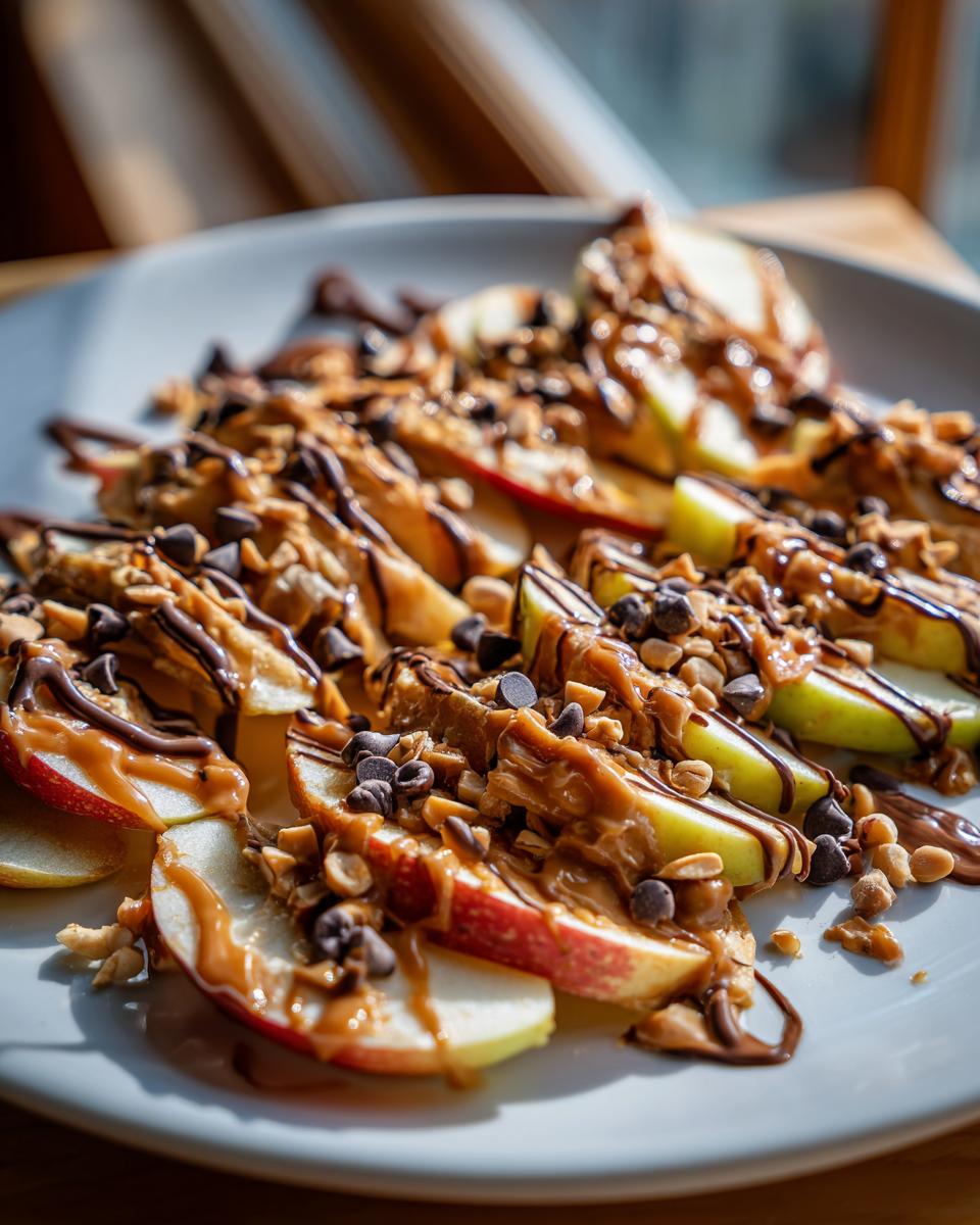 Close-up of caramel apple nachos topped with chocolate chips, chopped peanuts, and drizzled with caramel sauce.
