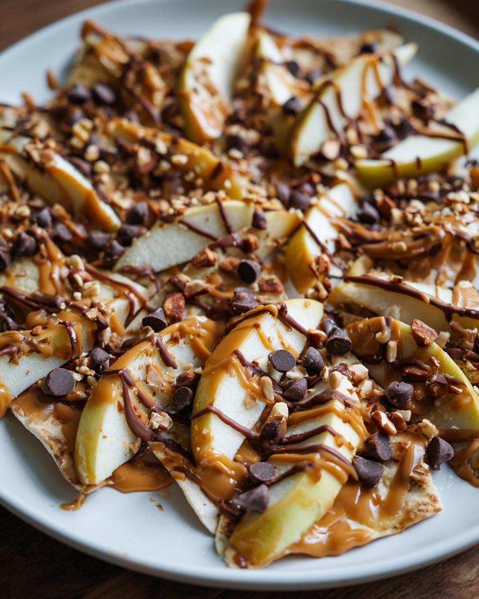 A close-up of Caramel Apple Nachos featuring apple slices, chocolate chips, chopped nuts, and a drizzle of caramel sauce on a white plate.