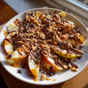 A plate of caramel apple nachos topped with chocolate drizzle, nuts, and chocolate chips.
