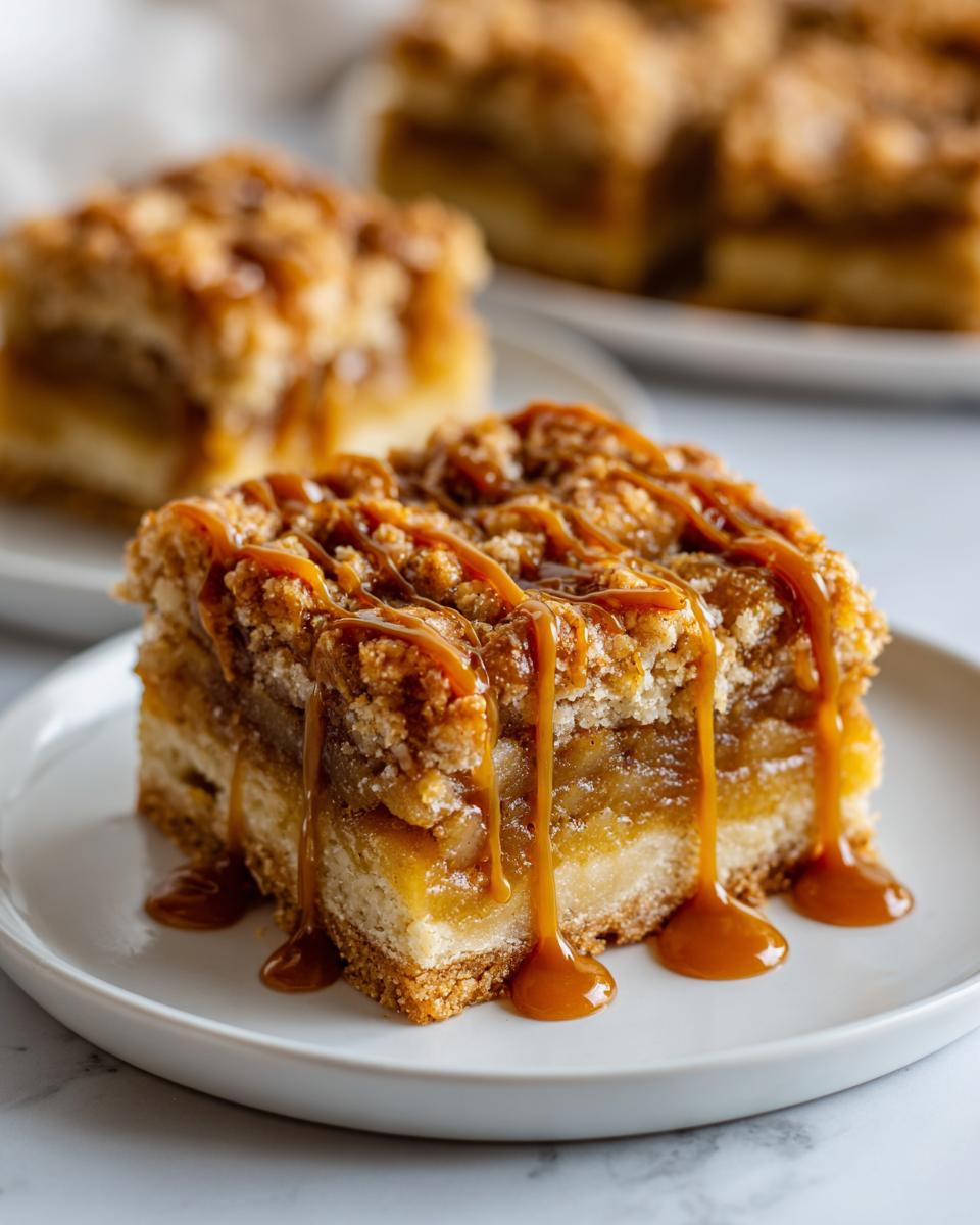 Close-up of a Caramel Apple Pie Bar slice drizzled with caramel sauce on a white plate.