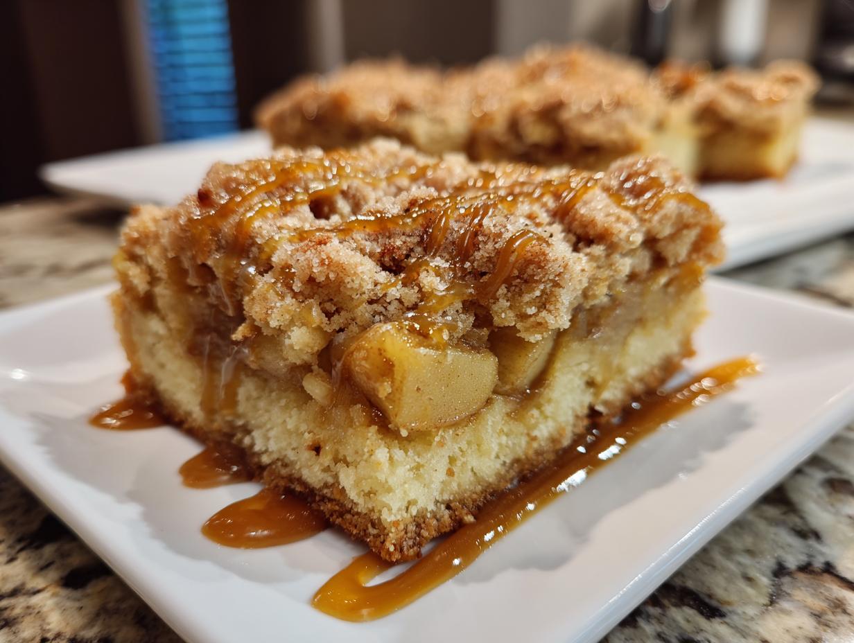 A close-up of a slice of caramel apple pie bars, showing tender apple chunks and a crumb topping drizzled with caramel.