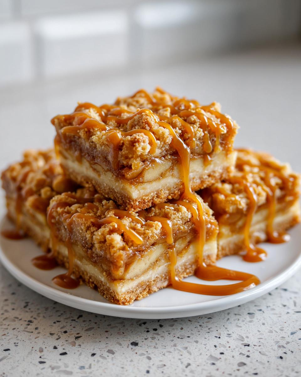 A stack of three caramel apple pie bars, drizzled with extra caramel sauce, on a white plate.