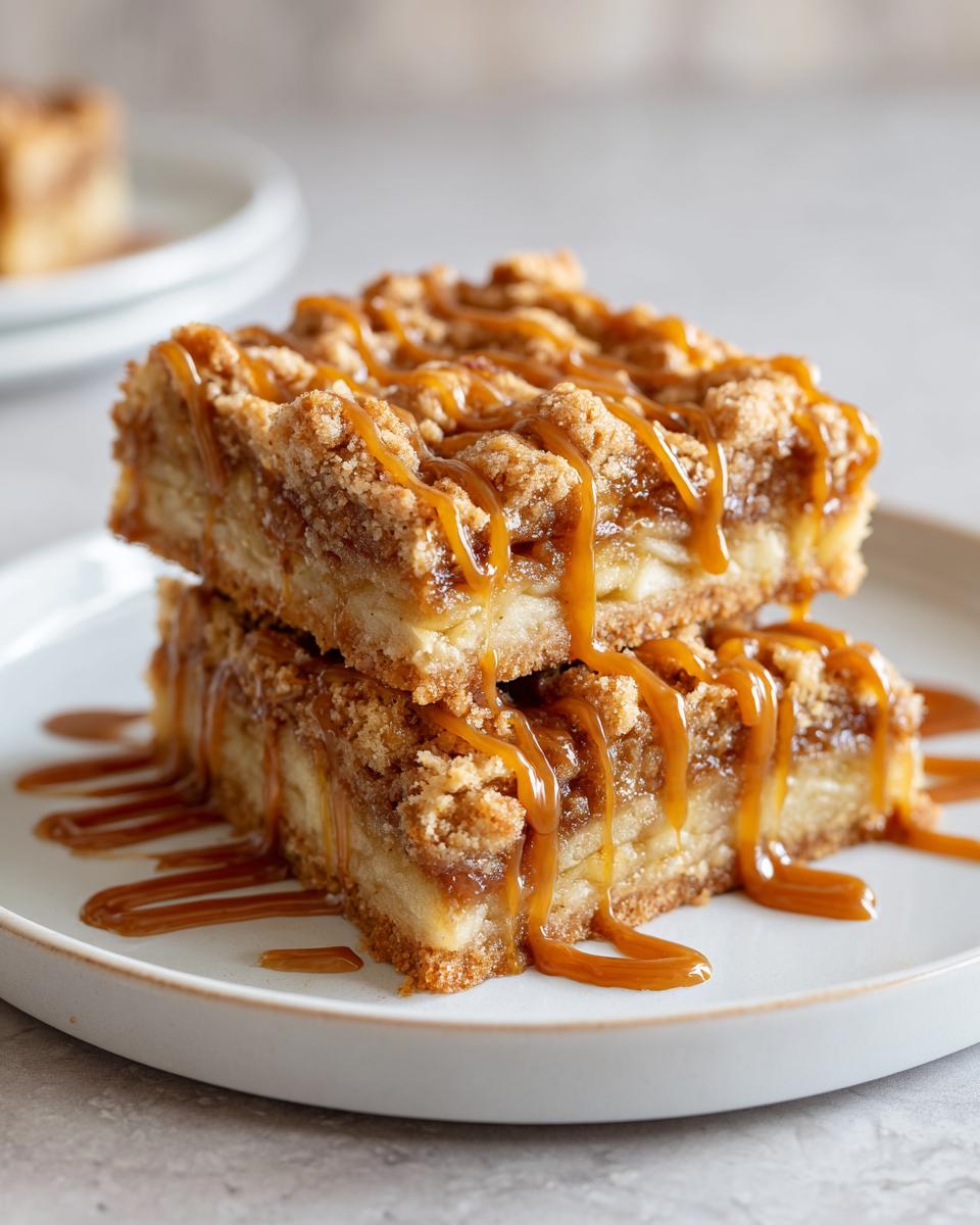Two stacked Caramel Apple Pie Bars drizzled with rich caramel sauce on a white plate.