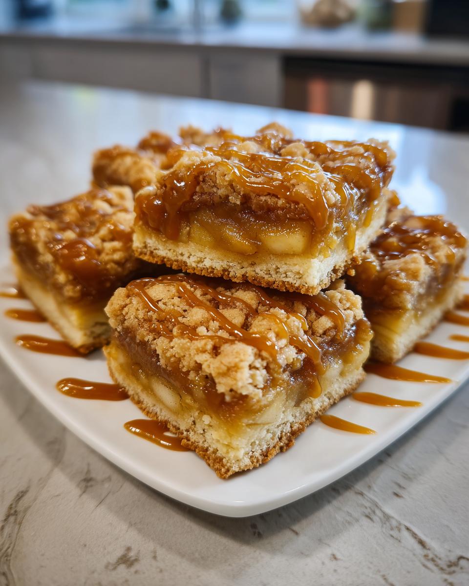 A stack of delicious caramel apple pie bars, drizzled with extra caramel sauce.
