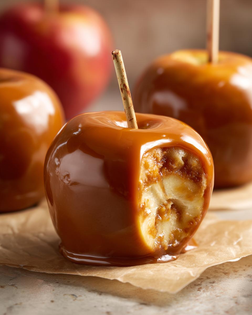 A close-up of a perfect caramel apple with a bite taken out, revealing the crisp apple inside.