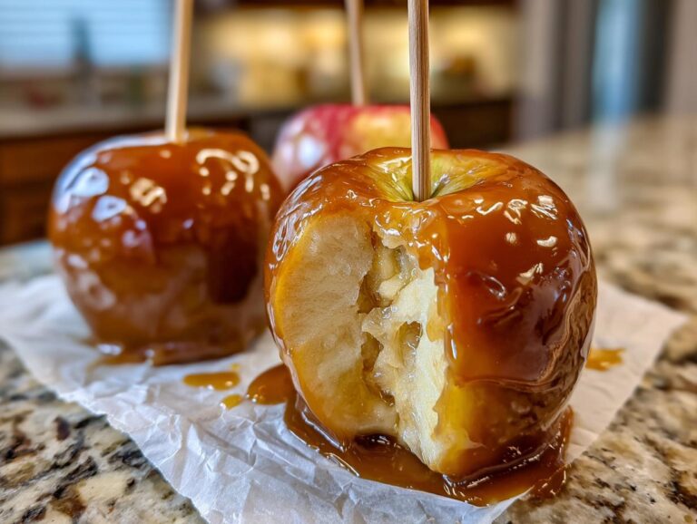 Close-up of a delicious caramel apple with a bite taken out, showing the crisp apple inside. More caramel apples are visible in the background.