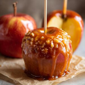 Close-up of a perfectly coated caramel apple with a crunchy topping and dripping caramel, with other apples in the background.