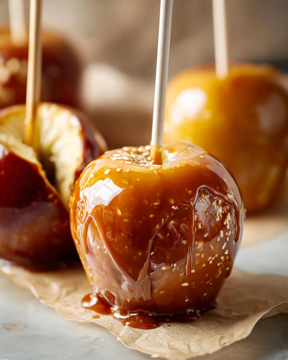 Close-up of a shiny, homemade caramel apple covered in sesame seeds, with other caramel apples in the background.