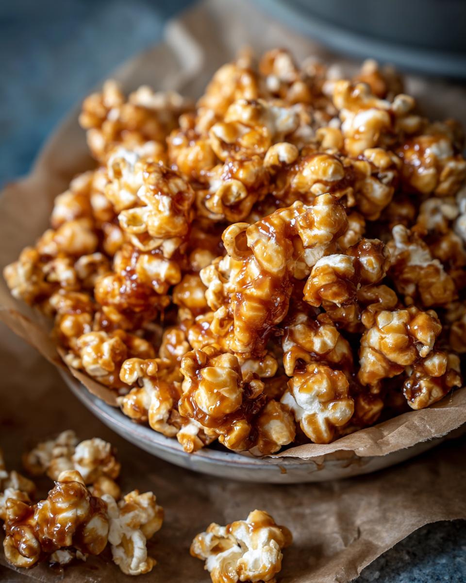Close-up of a bowl overflowing with homemade caramel popcorn, glistening with a rich caramel coating.