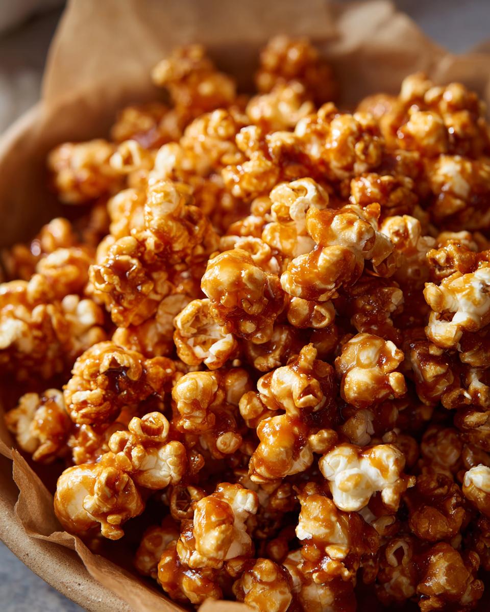 Close-up of a bowl filled with crunchy, homemade caramel popcorn, glistening with caramel sauce.