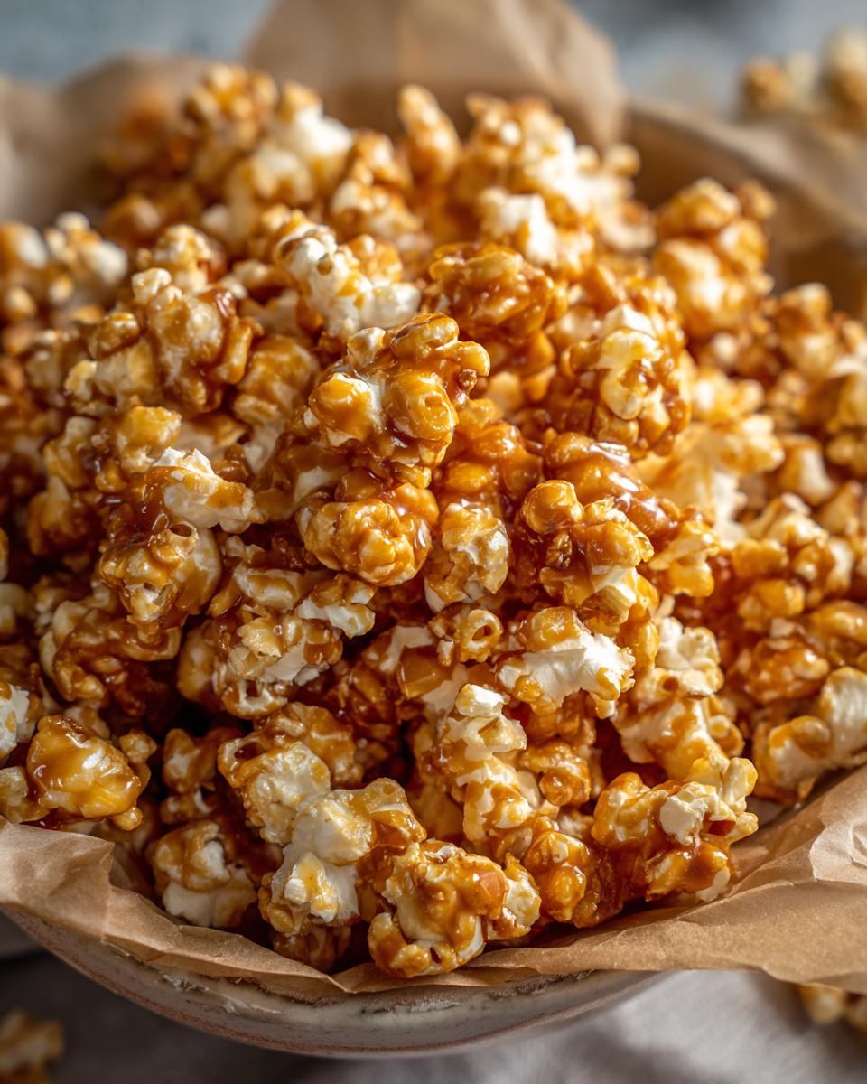 Close-up of a bowl filled with crunchy caramel popcorn, coated in a glossy caramel sauce.