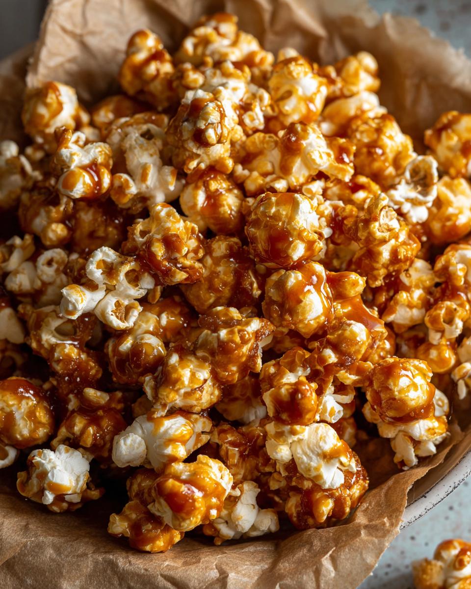 A close-up shot of a bowl filled with crunchy caramel popcorn, generously coated in a glossy caramel sauce.