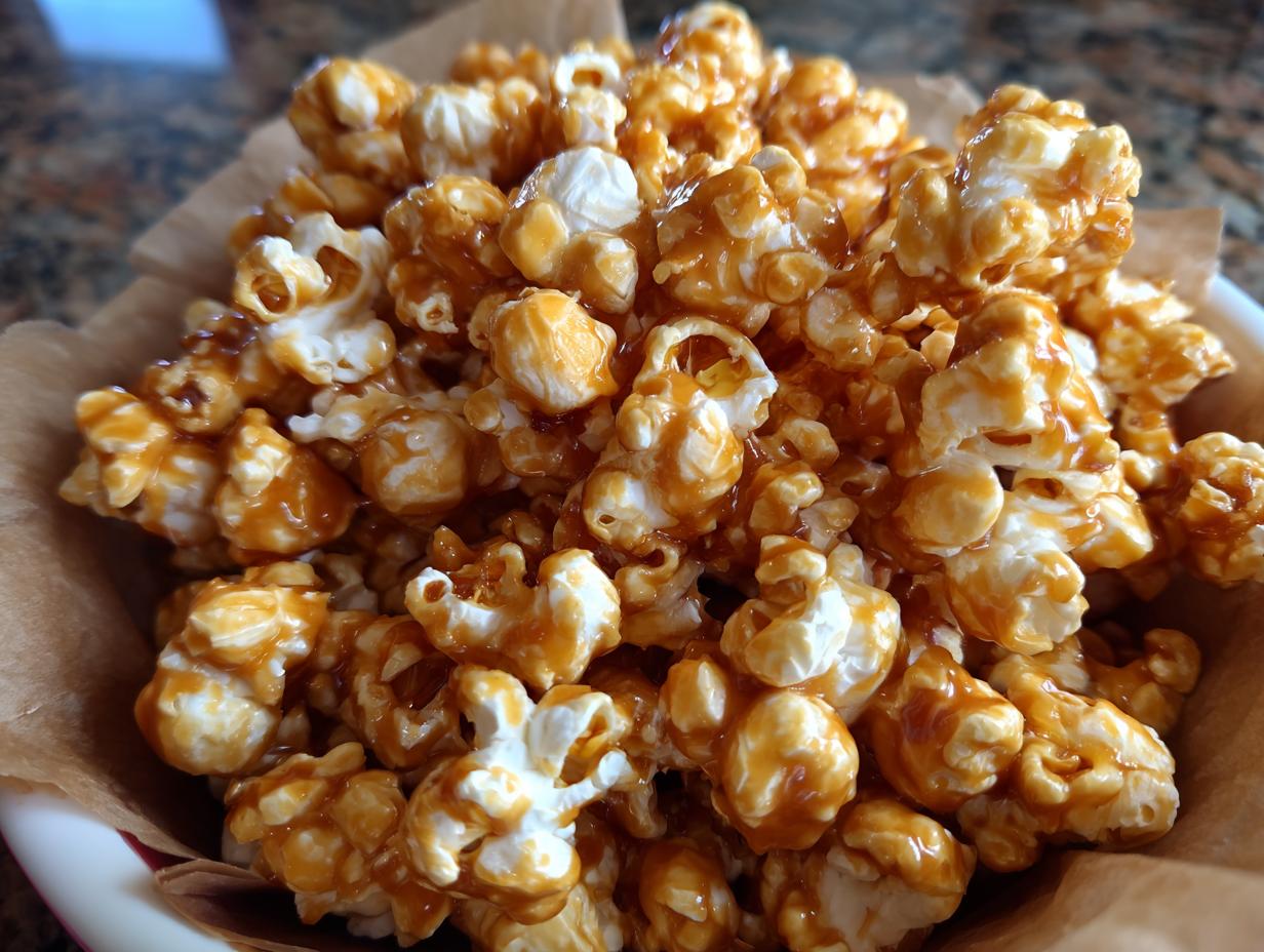 A close-up of a bowl overflowing with delicious caramel popcorn, coated in a glossy caramel sauce.