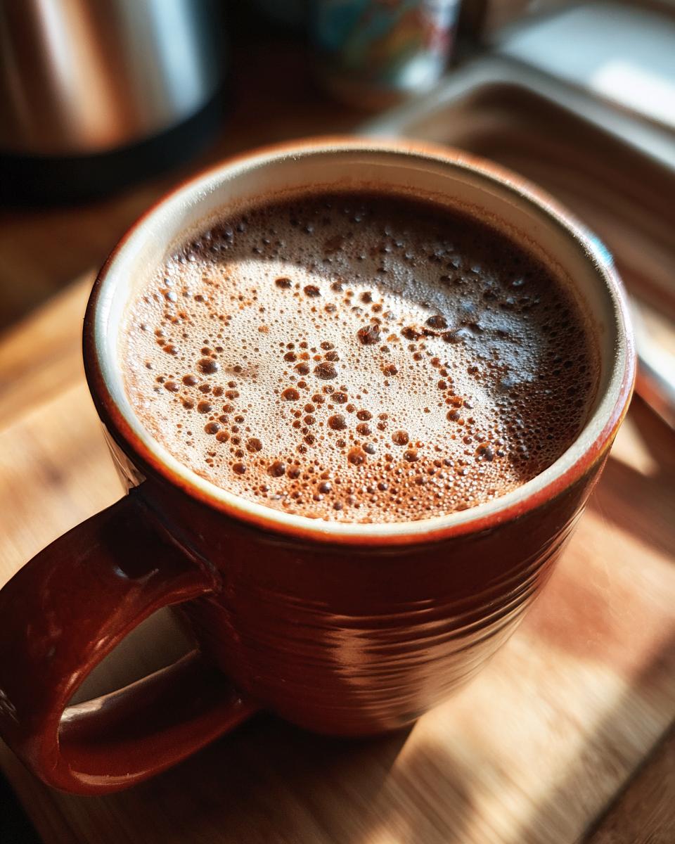 Close-up of a frothy, warm chai latte in a brown mug, perfect for a cozy cafe experience.