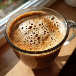 Close-up of a steaming chai latte in a clear glass mug, topped with rich foam and bubbles.