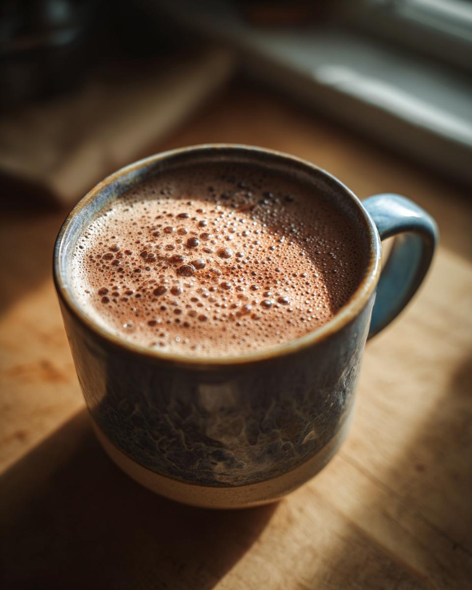 A close-up of a frothy chai latte in a rustic blue mug, bathed in warm sunlight.