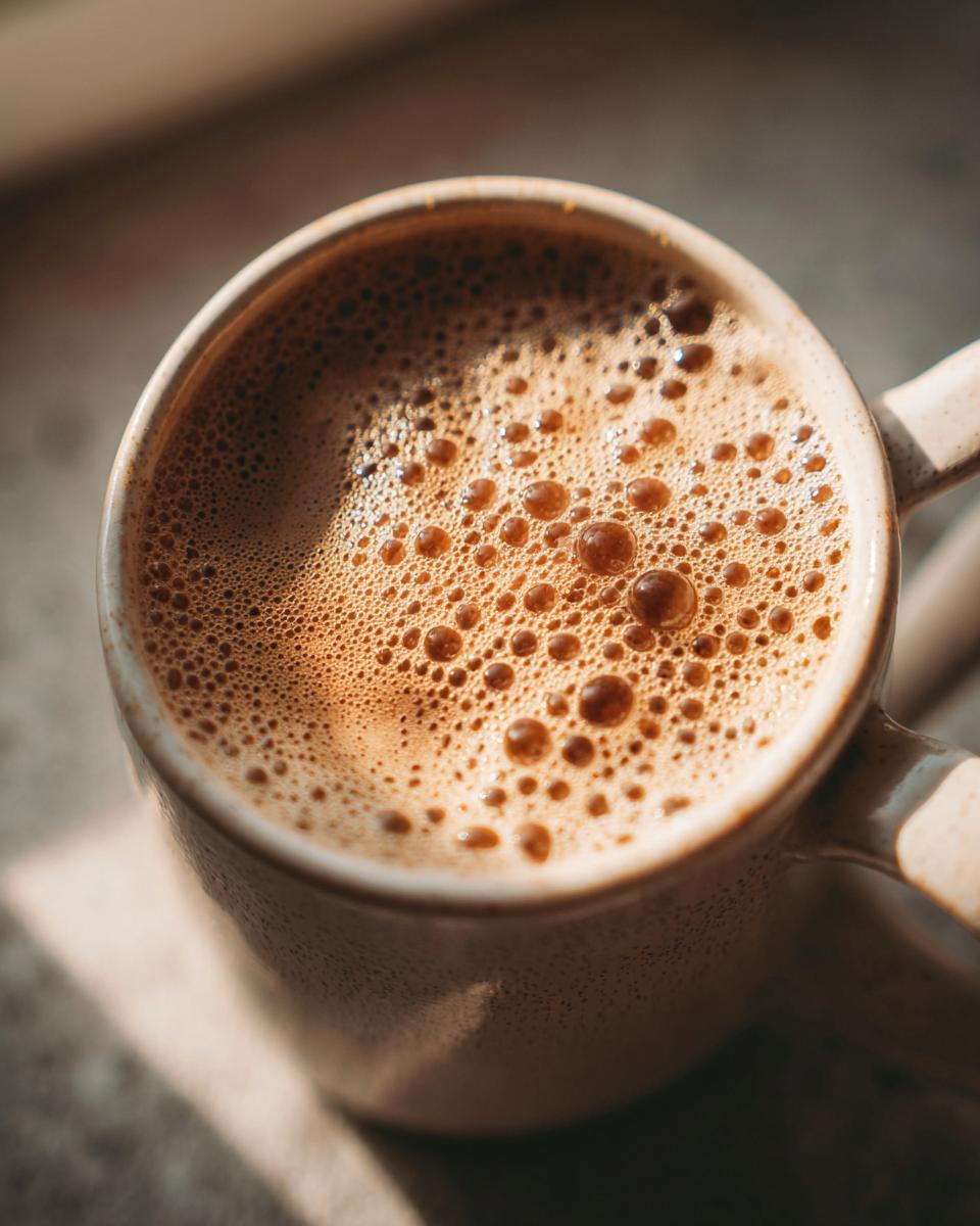 Close-up of a creamy chai latte with a thick layer of foam in a speckled mug, ready to enjoy.