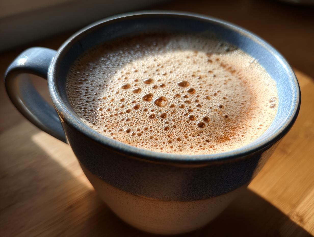 Close-up of a frothy chai latte in a blue and white mug, bathed in warm sunlight.