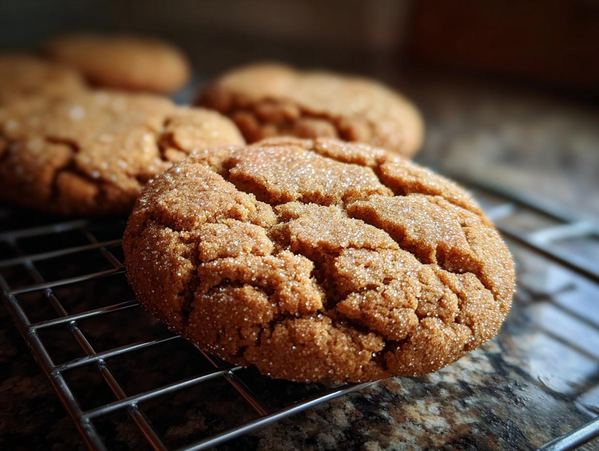 Close-up of a chewy Chai spice sugar cookie, coated in sugar, resting on a cooling rack.
