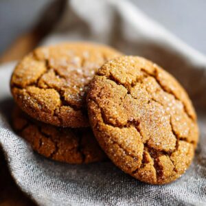 Close-up of three chewy chai spice sugar cookies, coated in sparkling sugar, resting on a textured linen napkin.