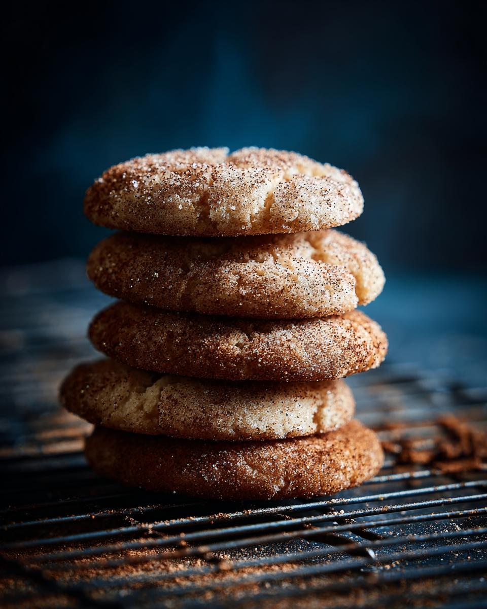 A stack of five chewy chai spice sugar cookies, coated in cinnamon sugar.