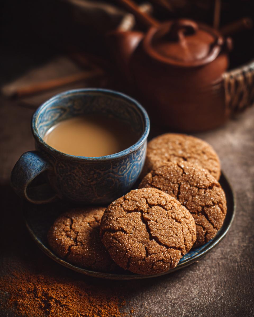 A plate of chewy Chai spice sugar cookies coated in sugar, next to a blue mug filled with chai tea.