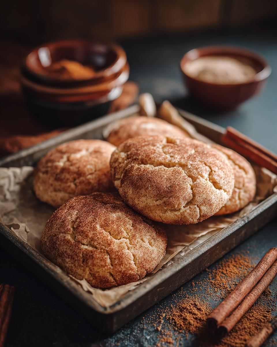 A close-up of several Chai spice sugar cookies, generously coated in cinnamon sugar, resting on a rustic baking sheet.