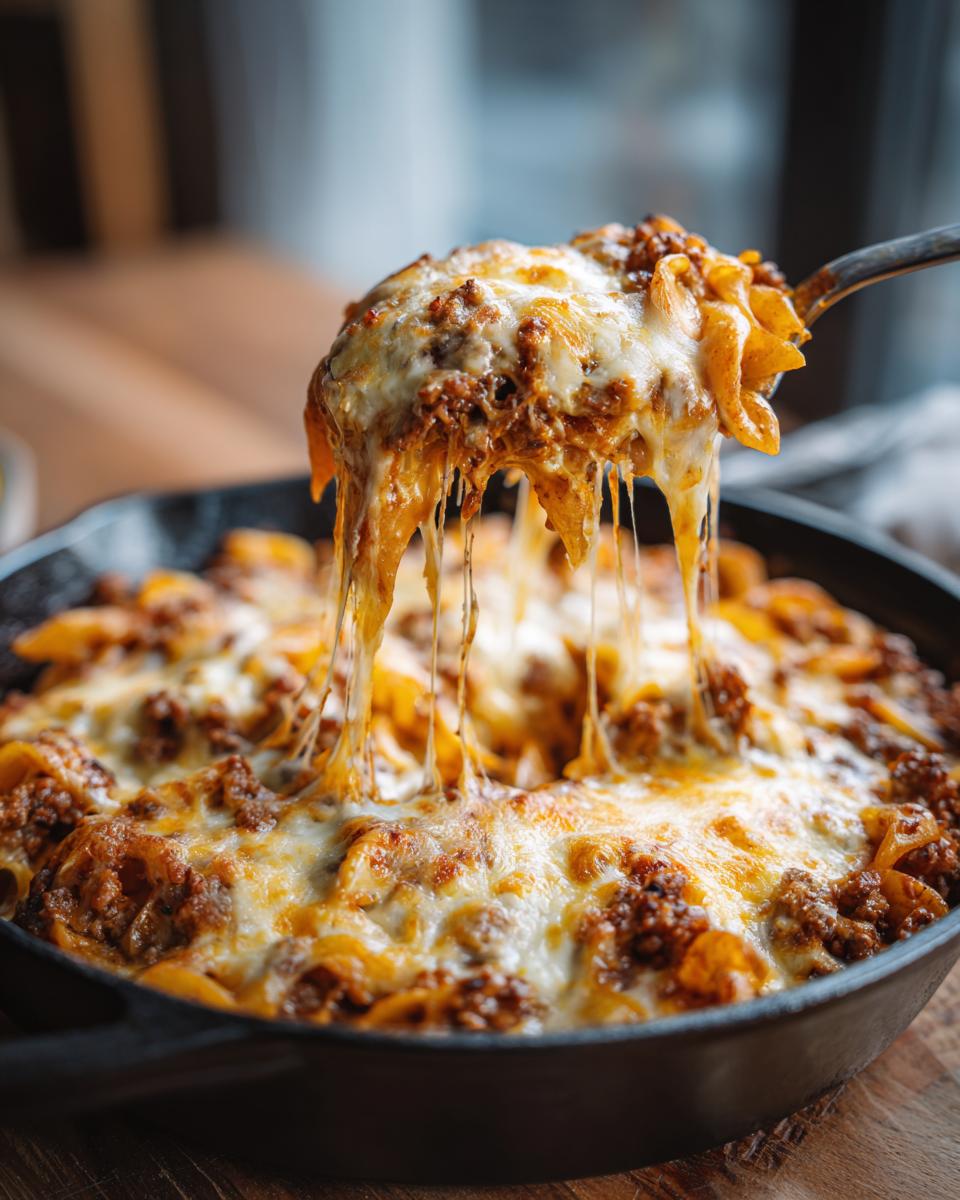A serving spoon lifts a cheesy portion of Cheeseburger Casserole, showing gooey melted cheese strings.