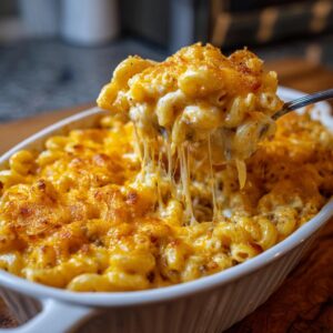 A spoonful of gooey Cheeseburger Casserole, showing melted cheese strings and macaroni.