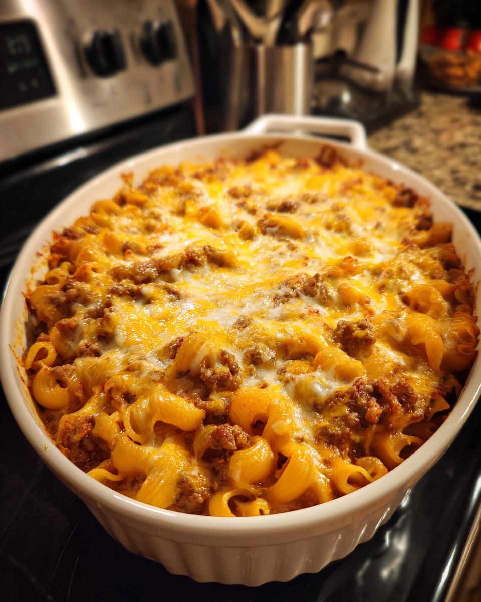 A close-up of a freshly baked Cheeseburger Casserole in a white baking dish, topped with melted cheddar cheese.