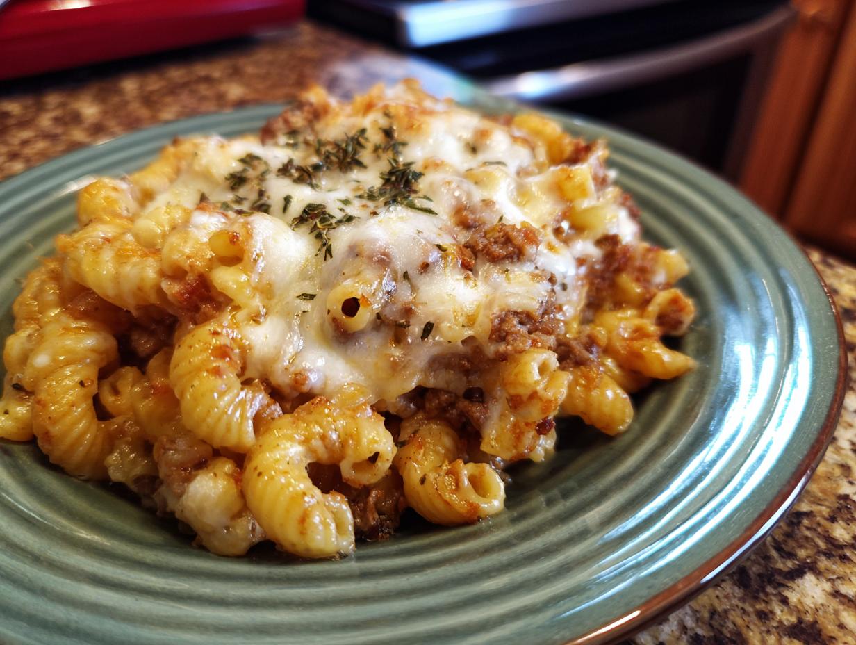 A close-up of a serving of Cheeseburger Casserole on a green plate, featuring pasta, ground beef, and melted cheese with herbs.
